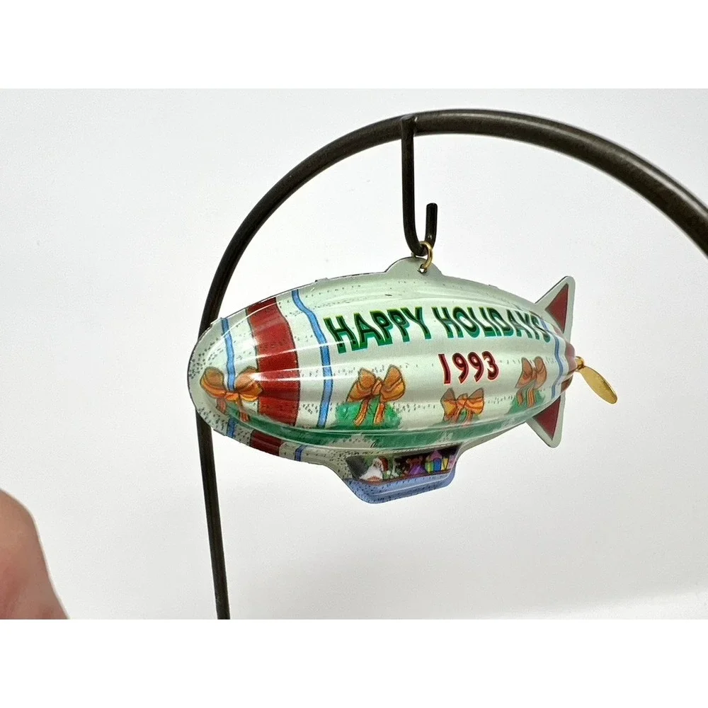 Vintage 1993 Hallmark Keepsake Ornament Holiday Fliers Tin Blimp Santa Red White